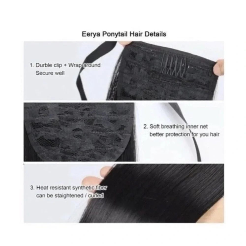 High Wrap Around Ponytail Extension Long Straight Black Hair Piece 22” Color #1B